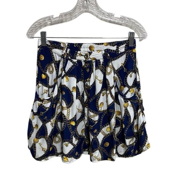 Topshop Navy Gold Chain Print Mini Skirt US 6 Button Front‎ Pockets Baroque - Picture 3 of 12